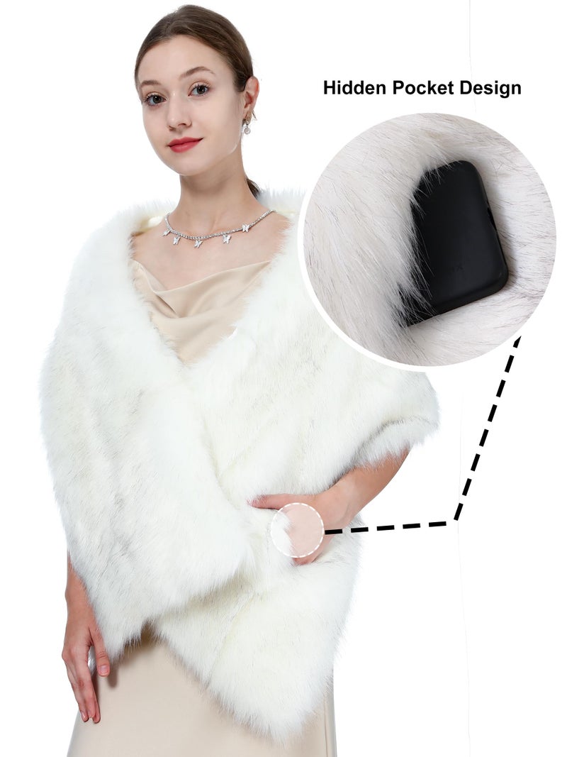 LA CARRIE Women Wedding Faux Fur Long Shawl Bridal Cape Party Stole Winter Scarf Soft Cover Up Shrug Gown Wrap(White with Black Tips) - Image 2