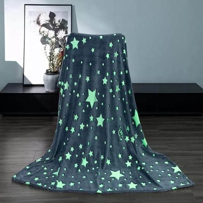 KTrading Blankets for Children Glow in The Dark Blanket Cartoon Print Blankets for Kids Light Weight Soft Cozy ToddlersTravel Lightweight Blanket Multicolor Pack of 1 Grey Moon Star - Image 2