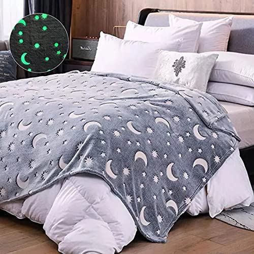 KTrading Blankets for Children Glow in The Dark Blanket Cartoon Print Blankets for Kids Light Weight Soft Cozy ToddlersTravel Lightweight Blanket Multicolor Pack of 1 Grey Moon Star - Image 1