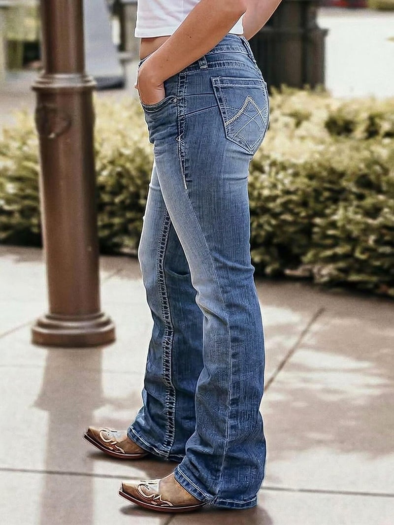 Flamingals Boot Cut Jeans for Women Mid Waist Tummy Control Trendy Flare Jeans Straight Denim Pants Mid Blue Wash S - Image 3