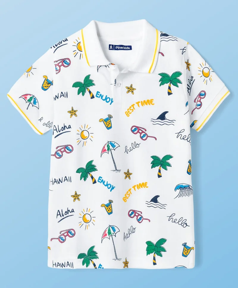 Pine Kids Pine Kids Cotton Knit Half Sleeves Beach Theme Printed Polo T-Shirt - White