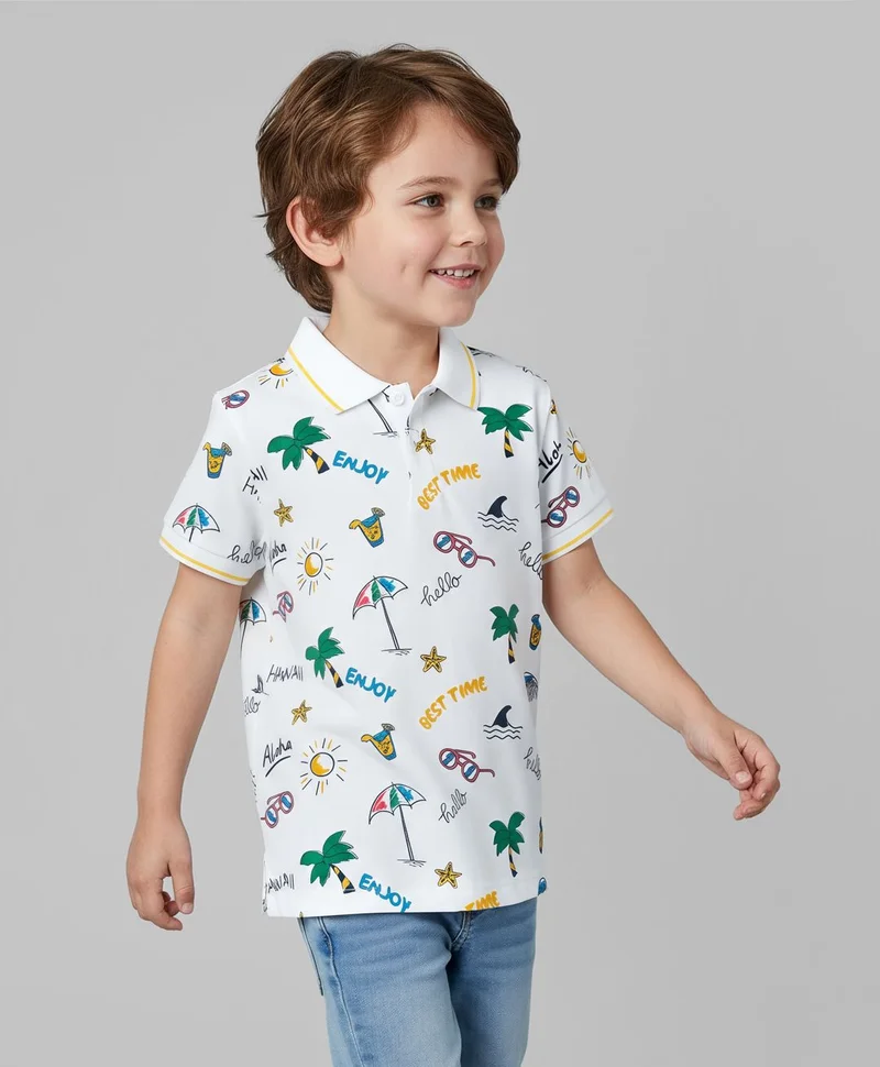 Pine Kids Pine Kids Cotton Knit Half Sleeves Beach Theme Printed Polo T-Shirt - White