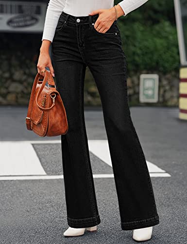GRAPENT Womens Plus Size Jeans for Women Stretch High Waisted Flare Ripped Jeans Womens Stretchy Jeans 70s Outfits for Womens Jeans Wide Leg Pants for Women Color Always Black Large Size 12 Size 14 - Image 5