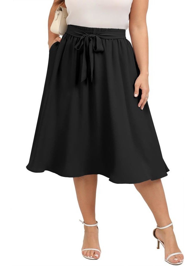 Xpenyo Womens Plus Size Midi Skirts Summer Elastic High Waisted Boho Casual Beach Flowy Swing Knee Length Skirts with Pockets, Black, 3XL Plus - Image 5
