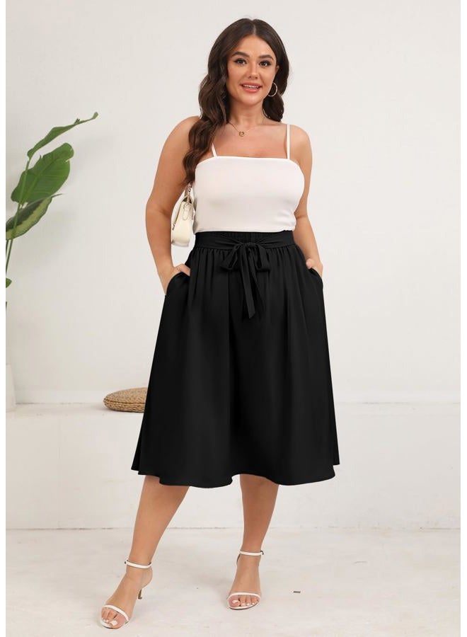 Xpenyo Womens Plus Size Midi Skirts Summer Elastic High Waisted Boho Casual Beach Flowy Swing Knee Length Skirts with Pockets, Black, 3XL Plus - Image 3
