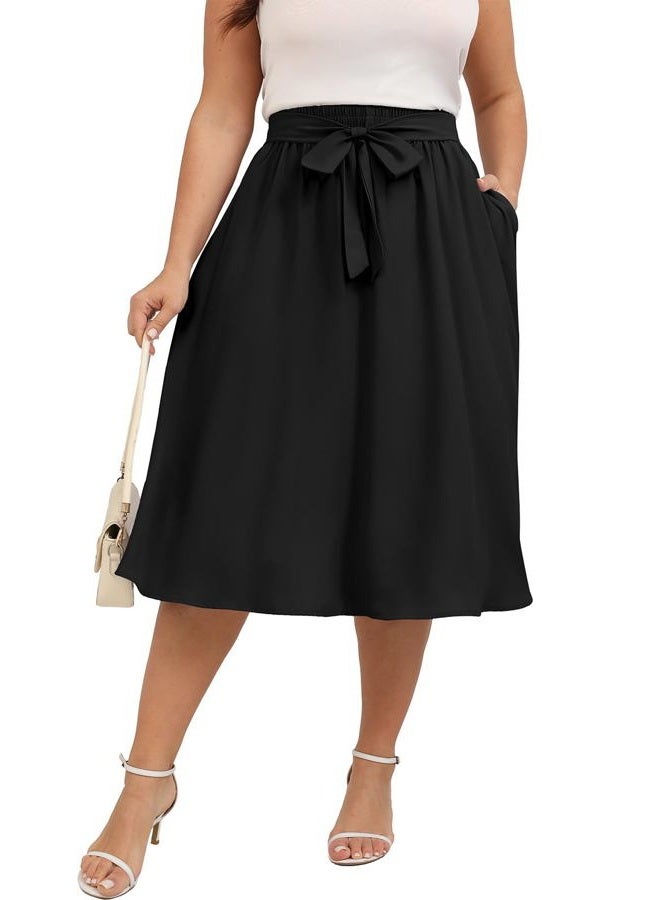 Xpenyo Womens Plus Size Midi Skirts Summer Elastic High Waisted Boho Casual Beach Flowy Swing Knee Length Skirts with Pockets, Black, 3XL Plus - Image 1