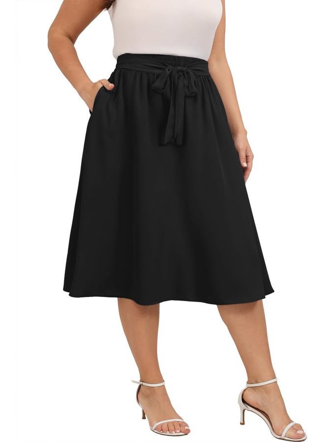 Xpenyo Womens Plus Size Midi Skirts Summer Elastic High Waisted Boho Casual Beach Flowy Swing Knee Length Skirts with Pockets, Black, 3XL Plus - Image 4