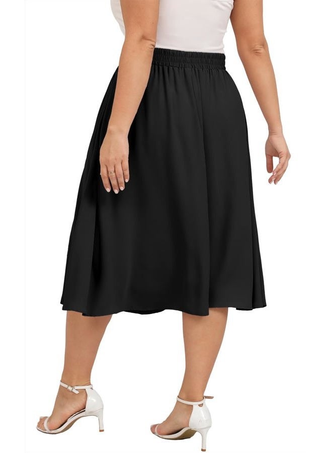 Xpenyo Womens Plus Size Midi Skirts Summer Elastic High Waisted Boho Casual Beach Flowy Swing Knee Length Skirts with Pockets, Black, 3XL Plus - Image 2