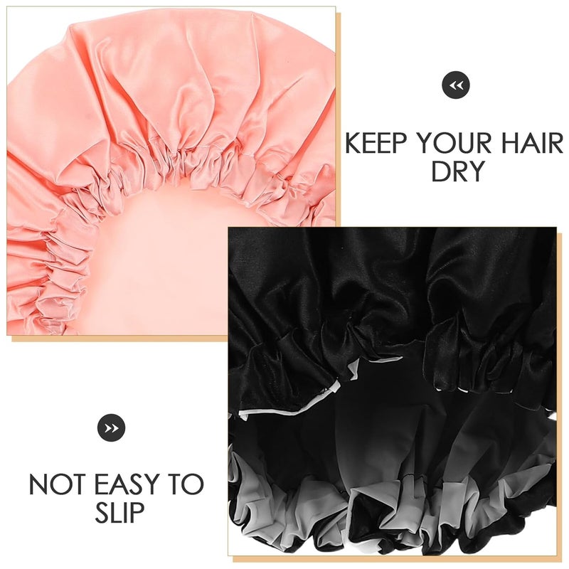 Double Layer Waterproof Satin Shower Cap for Women, 4pcs Rainbow Pink and Black, Reusable Plastic Hair Cap with Eva Lining for Bathing and Kitchen Use - Image 3
