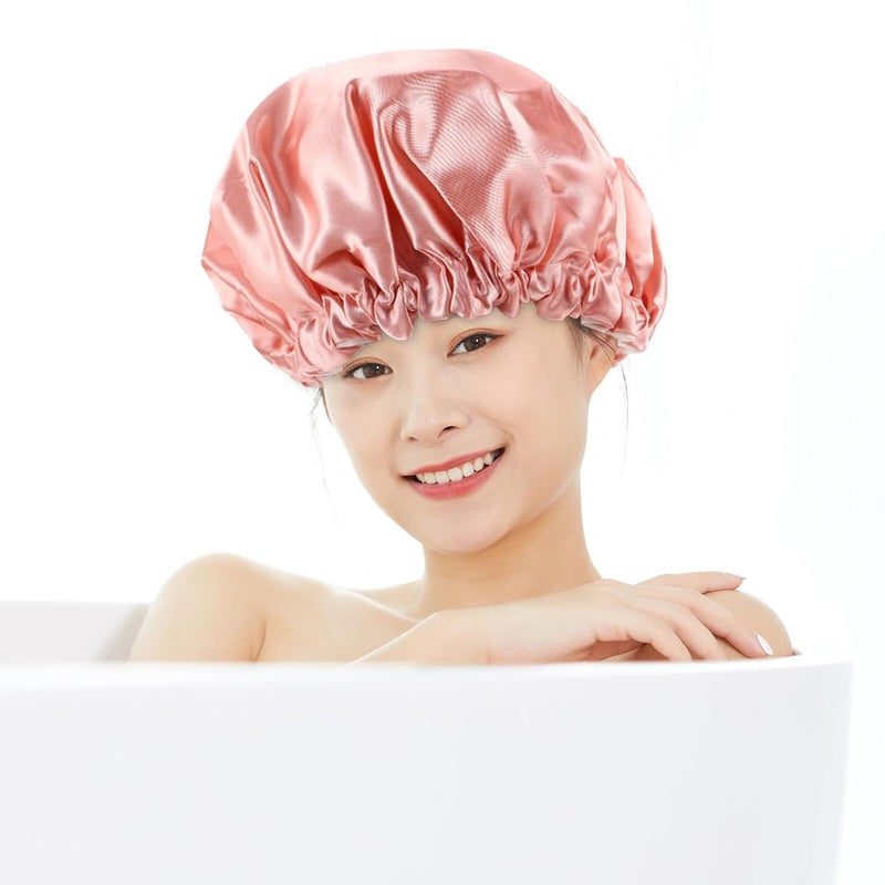 Double Layer Waterproof Satin Shower Cap for Women, 4pcs Rainbow Pink and Black, Reusable Plastic Hair Cap with Eva Lining for Bathing and Kitchen Use - Image 5