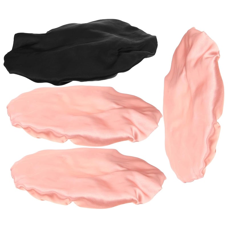 Double Layer Waterproof Satin Shower Cap for Women, 4pcs Rainbow Pink and Black, Reusable Plastic Hair Cap with Eva Lining for Bathing and Kitchen Use - Image 1