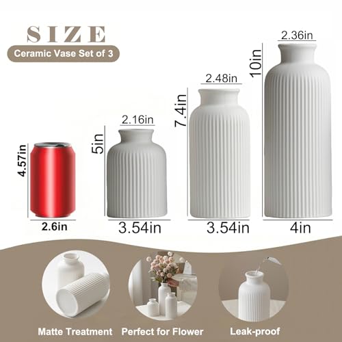 vaurcesa Large Modern Ceramic Vase Set, White Ribbed Matte Design, 3-Piece Decorative Vases for Home, Living Room, Office (XL White) - Image 4