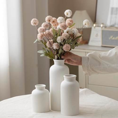 vaurcesa Large Modern Ceramic Vase Set, White Ribbed Matte Design, 3-Piece Decorative Vases for Home, Living Room, Office (XL White) - Image 2