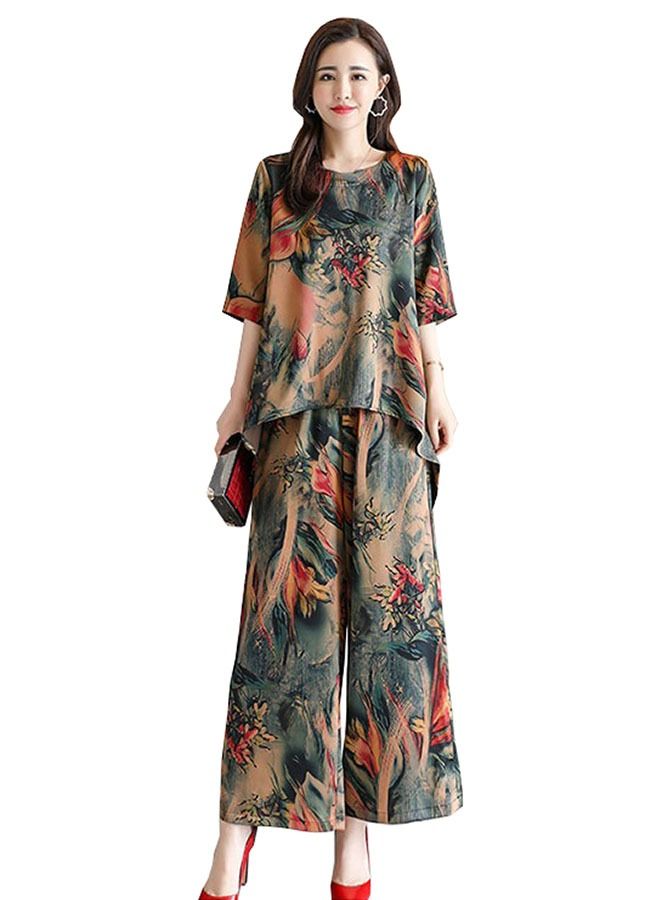 ZCM-HAPPY Fashionable Vintage Printed Women's Clothing Loose Short Sleeve Wide Leg Pants Set  - Image 1