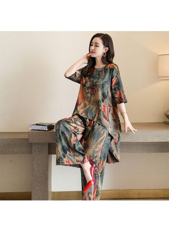 ZCM-HAPPY Fashionable Vintage Printed Women's Clothing Loose Short Sleeve Wide Leg Pants Set  - Image 2