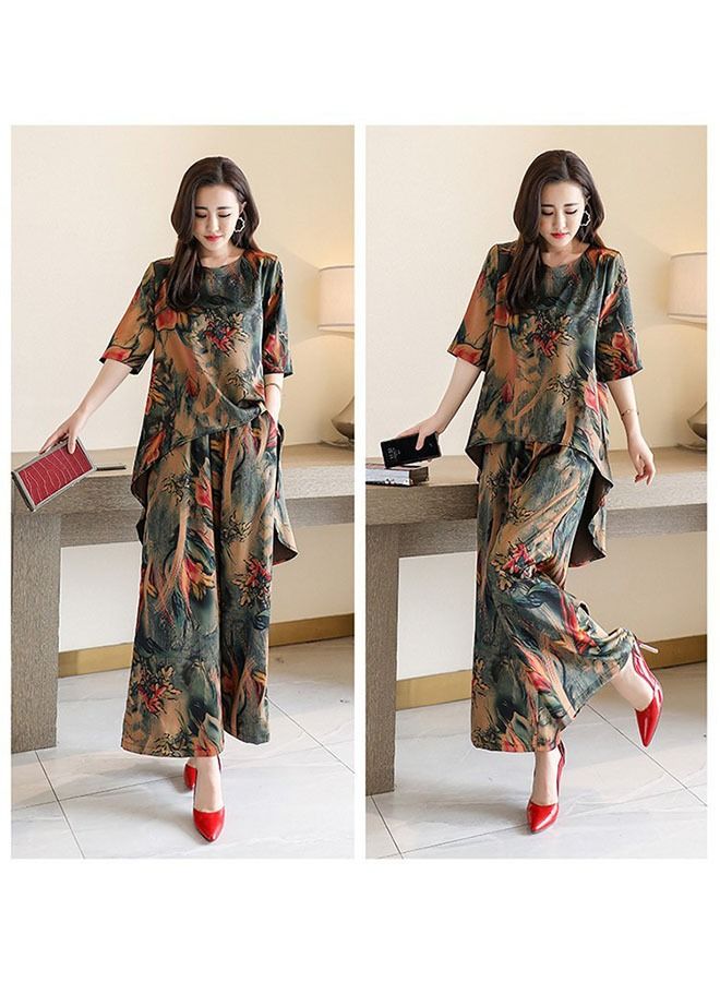ZCM-HAPPY Fashionable Vintage Printed Women's Clothing Loose Short Sleeve Wide Leg Pants Set  - Image 4
