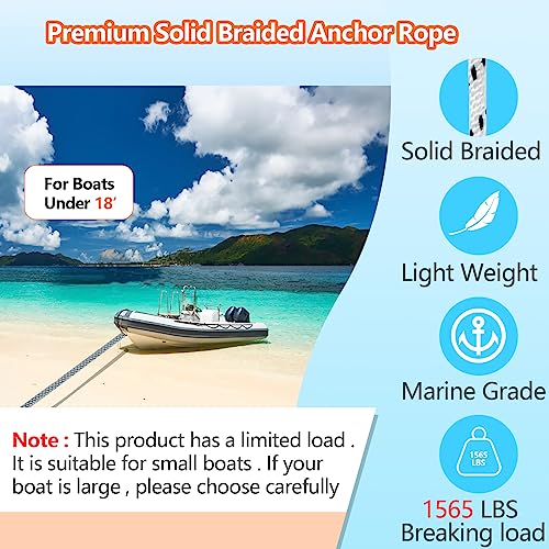 DEDU 3/8 Inch 100 FT Anchor Rope, Boat Anchor Rope Solid Braid MFP, Anchor Line with 316 Stainless Steel Thimble and Snap Hook - Grey - Image 2
