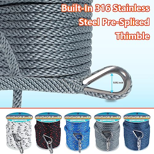 DEDU 3/8 Inch 100 FT Anchor Rope, Boat Anchor Rope Solid Braid MFP, Anchor Line with 316 Stainless Steel Thimble and Snap Hook - Grey - Image 4