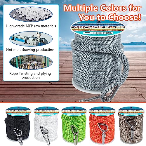DEDU 3/8 Inch 100 FT Anchor Rope, Boat Anchor Rope Solid Braid MFP, Anchor Line with 316 Stainless Steel Thimble and Snap Hook - Grey - Image 5