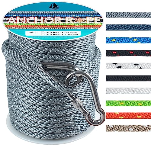 DEDU 3/8 Inch 100 FT Anchor Rope, Boat Anchor Rope Solid Braid MFP, Anchor Line with 316 Stainless Steel Thimble and Snap Hook - Grey - Image 1