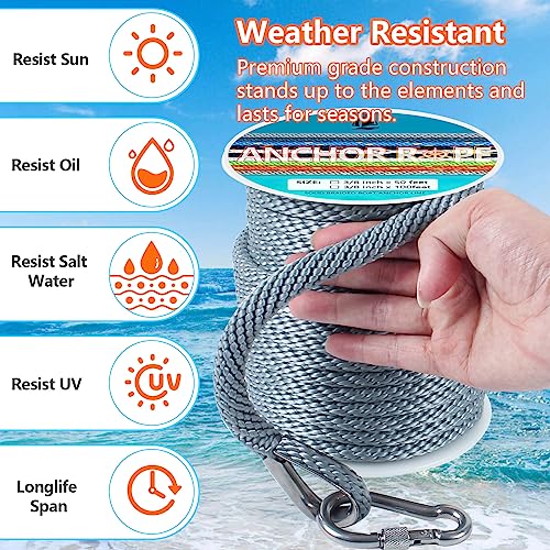 DEDU 3/8 Inch 100 FT Anchor Rope, Boat Anchor Rope Solid Braid MFP, Anchor Line with 316 Stainless Steel Thimble and Snap Hook - Grey - Image 3