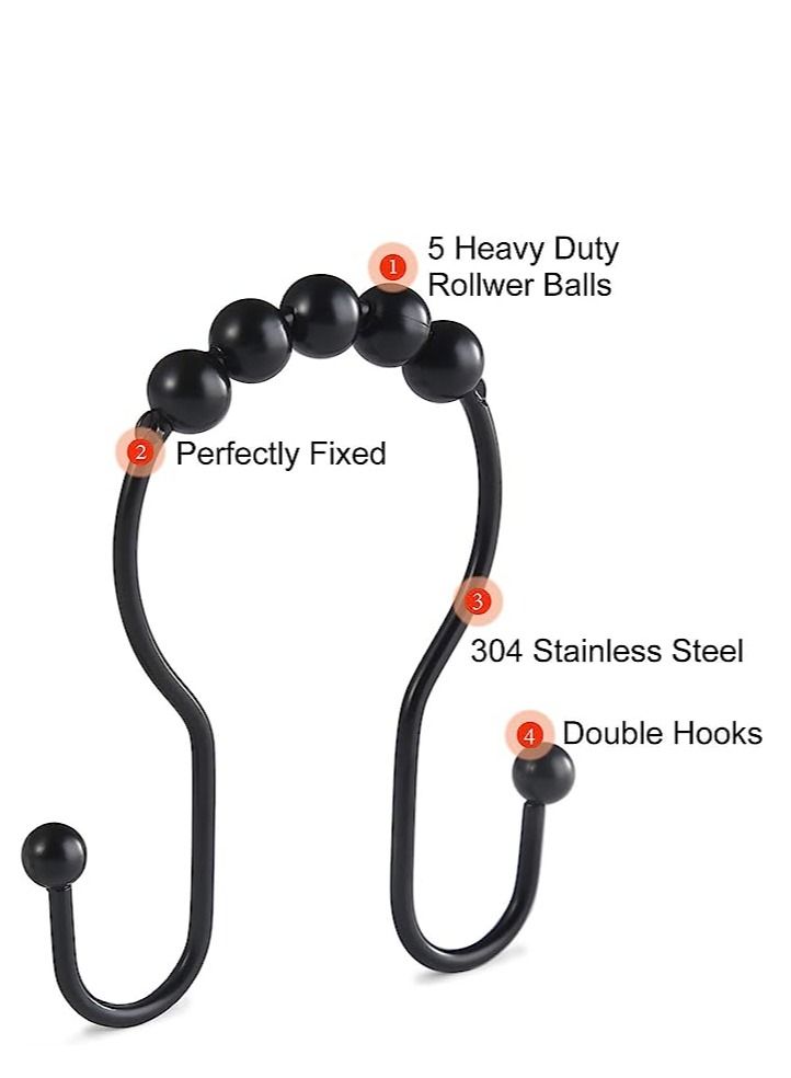 Shower Curtain Hooks, 12 Pcs Rings, Stainless Steel Roller Rust-Resistant Balance Sliding Anti-Drop Double Hooks for Bathroom Curtains (Black)  - Image 3