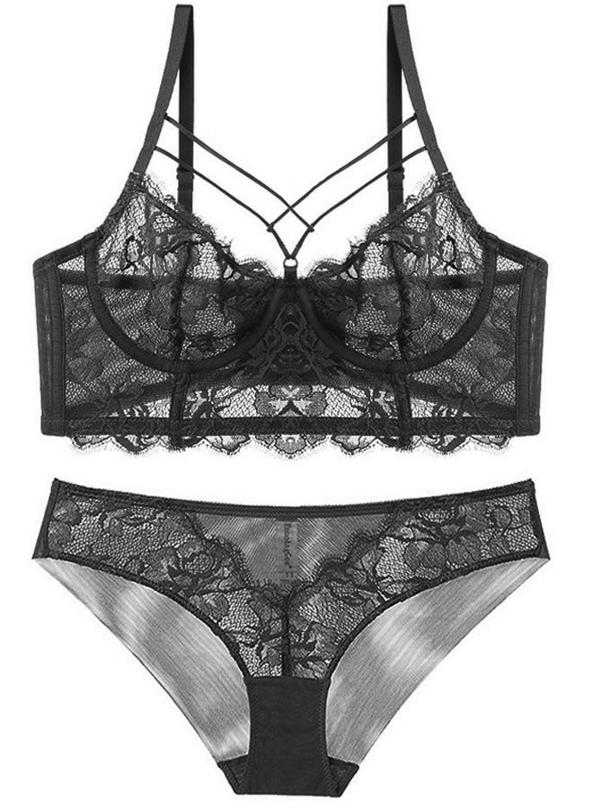 Comfy And Breathable Ultra Thin Cup Unpadded Lace Bra Panty Set Black