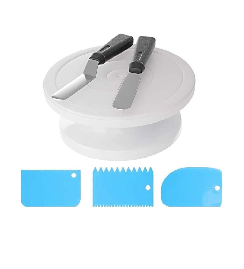 Magnusdeal 6Pcs Cake Decorating Kit 1Pc 11 Inch Rotating Cake Turntable with 2Pcs Icing Spatula and 3Pcs Icing Smoother, Revolving Cake Stand White Baking Cake Decorating Supplies - Image 1