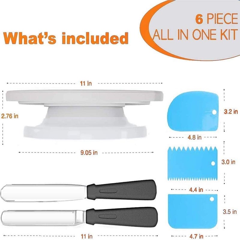 Magnusdeal 6Pcs Cake Decorating Kit 1Pc 11 Inch Rotating Cake Turntable with 2Pcs Icing Spatula and 3Pcs Icing Smoother, Revolving Cake Stand White Baking Cake Decorating Supplies - Image 2