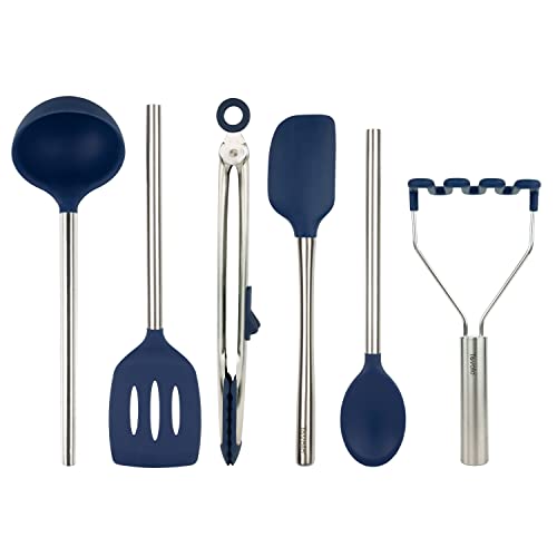 Tovolo Silicone Cooking Utensil Set of 6 Stainless Steel Handle Ladle Slotted Turner Tongs Flex Core Spatula Scraper Mixing Spoon  Potato Masher Dishwasher Safe BPA Free Utensils Deep Indigo - Image 1