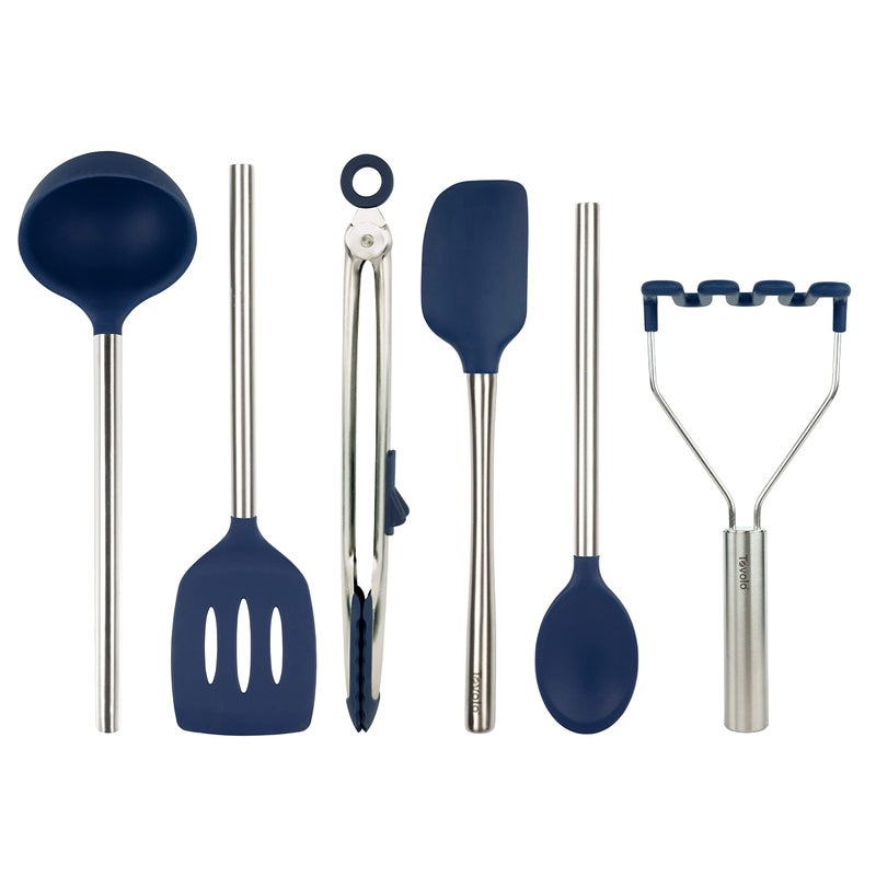 Tovolo Silicone Cooking Utensil Set of 6 Stainless Steel Handle Ladle Slotted Turner Tongs Flex Core Spatula Scraper Mixing Spoon  Potato Masher Dishwasher Safe BPA Free Utensils Deep Indigo - Image 3
