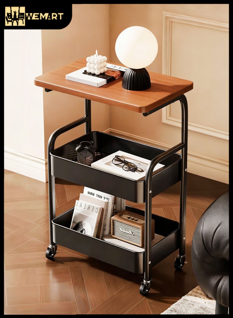 ويمارت طاولة جانبية للأريكة بثلاث طبقات: طاولة جانبية للأريكة مع سلتين من الشبكة المعدنية، طاولة بجانب السرير بعجلات، مع سلتين للتخزين مناسبة للمنزل/المكتب/المرآب - Image 1