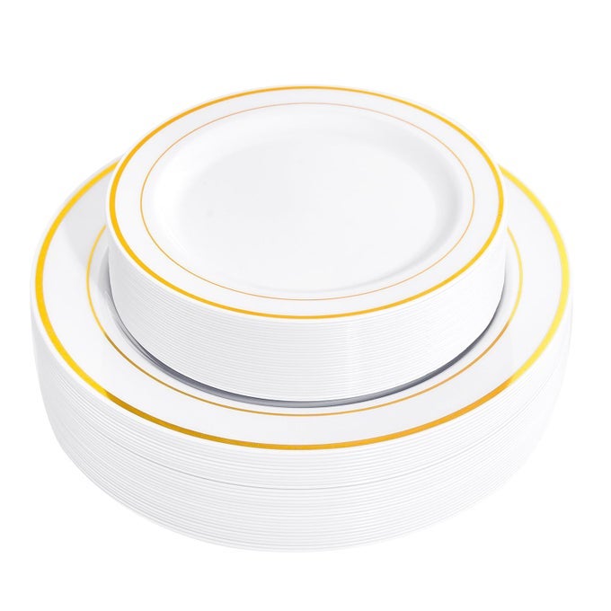 60PCS GOLD PLASTIC PLATES HEAVY DUTY WHITE AND GOLD PLASTIC PLATES DISPOSABLE FOR NEW YEAR PARTYWEDDING INCLUDE 30PCS 1025 DINNER PLATES AND 30PCS 75 DESSERT PLATES