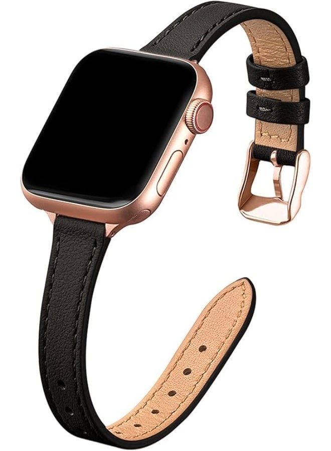 OLYSON Slim Leather Bands Compatible with Apple Watch Band 42mm 44mm 45mm 49mm (Series 11,10,9,8,7,6,5,4,SE), Top Grain Leather Watch Thin Wristband for iWatch SE 9 8 7 6 5 4 3 2 1 (Black Rose Gold) - Image 1