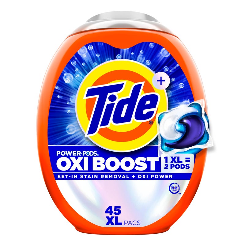 Tide Oxi Boost Power PODS Laundry Detergent Pods, 45 Count, HE Compatible, Stain Remover Plus Oxi Power, Removes Tough Set-In Stains - Image 1