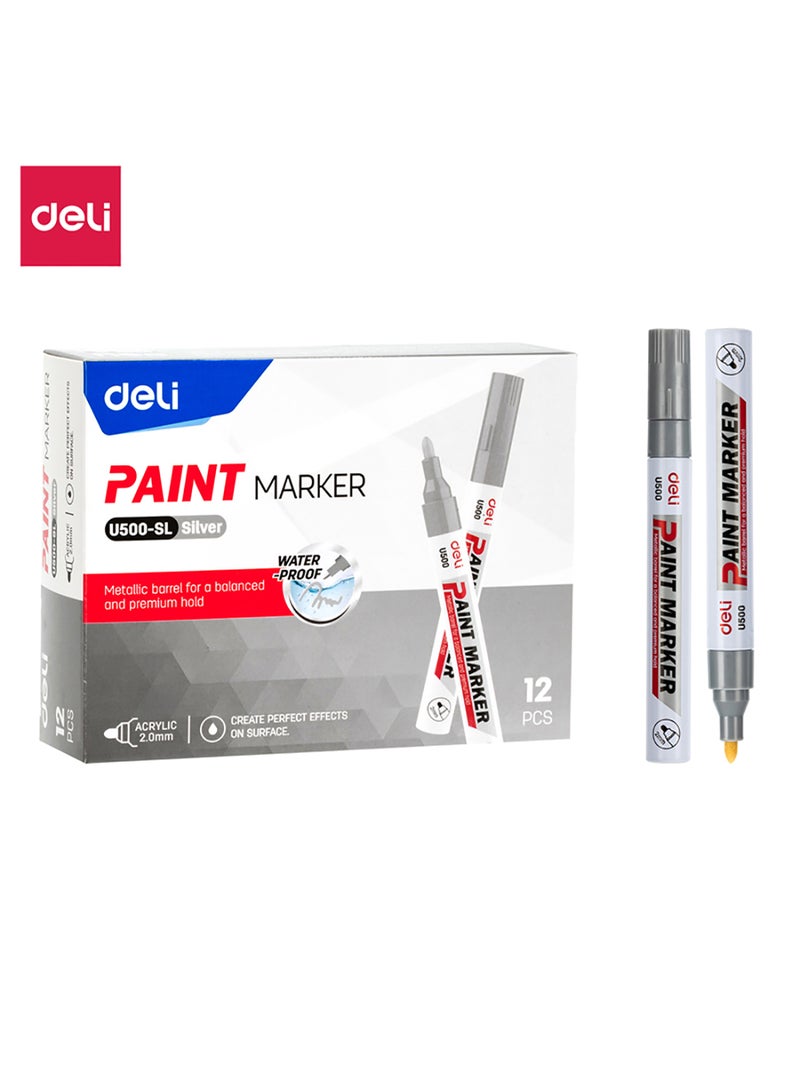 Deli Acrylic Paint Markers 2 mm, Waterproof Ink, Markers Pen for Crafts Making Art Supplies, Set of 12 Pens, Silver  - Image 1