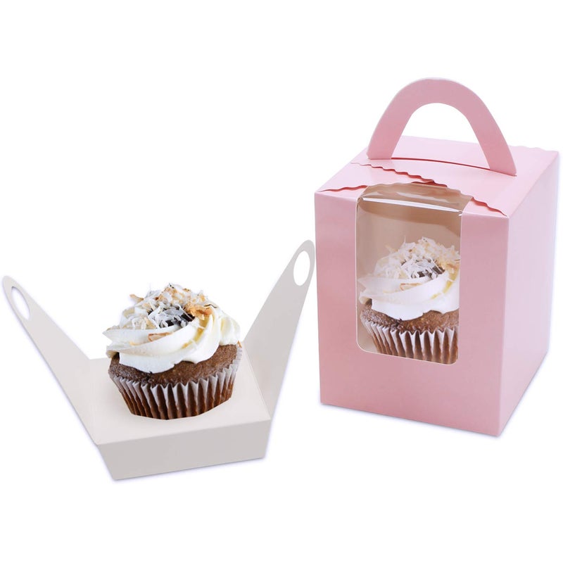 EUSOAR Cupcake Boxes Carriers, 50pcs Pink Single Individual Cupcake Boxes Holders Containers, Portable Paper Muffin Gift Boxes with Window Inserts Handle, for Wedding Birthday Party Treats Boxes - Image 2