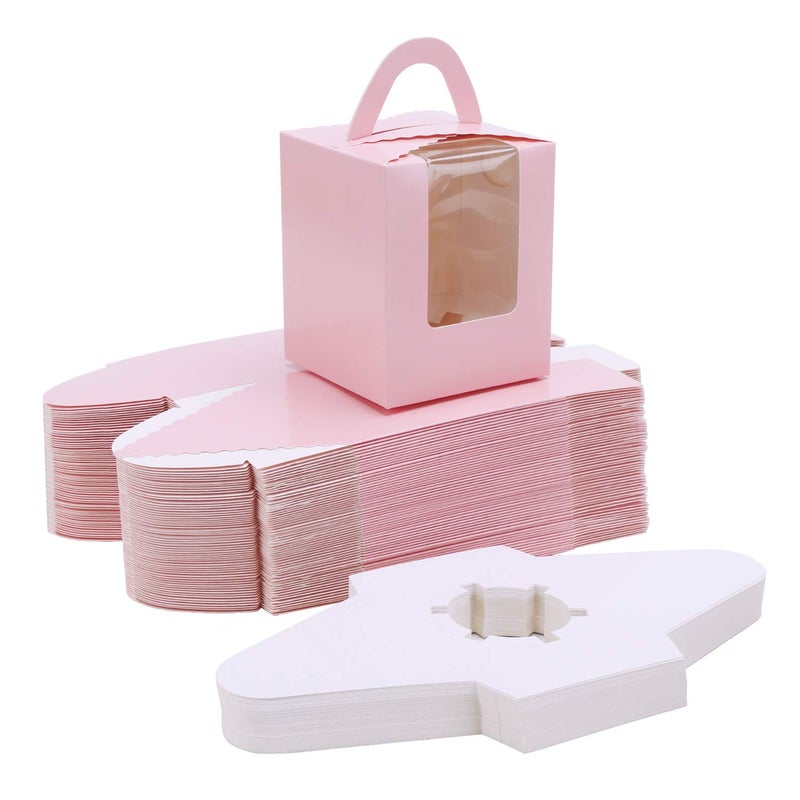 EUSOAR Cupcake Boxes Carriers, 50pcs Pink Single Individual Cupcake Boxes Holders Containers, Portable Paper Muffin Gift Boxes with Window Inserts Handle, for Wedding Birthday Party Treats Boxes - Image 1