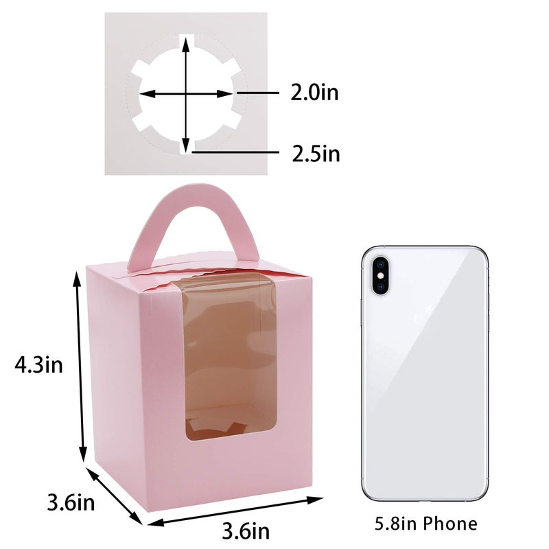 EUSOAR Cupcake Boxes Carriers, 50pcs Pink Single Individual Cupcake Boxes Holders Containers, Portable Paper Muffin Gift Boxes with Window Inserts Handle, for Wedding Birthday Party Treats Boxes - Image 5