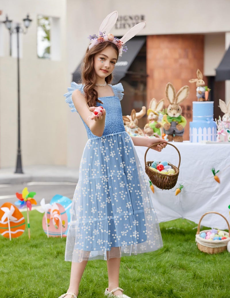 Arshiner Summer Dress for Girls Easter Blue Floral Ruffle Sleeve Smocked Tulle Flowy Tiered Dresses Size 7-8 - Image 3