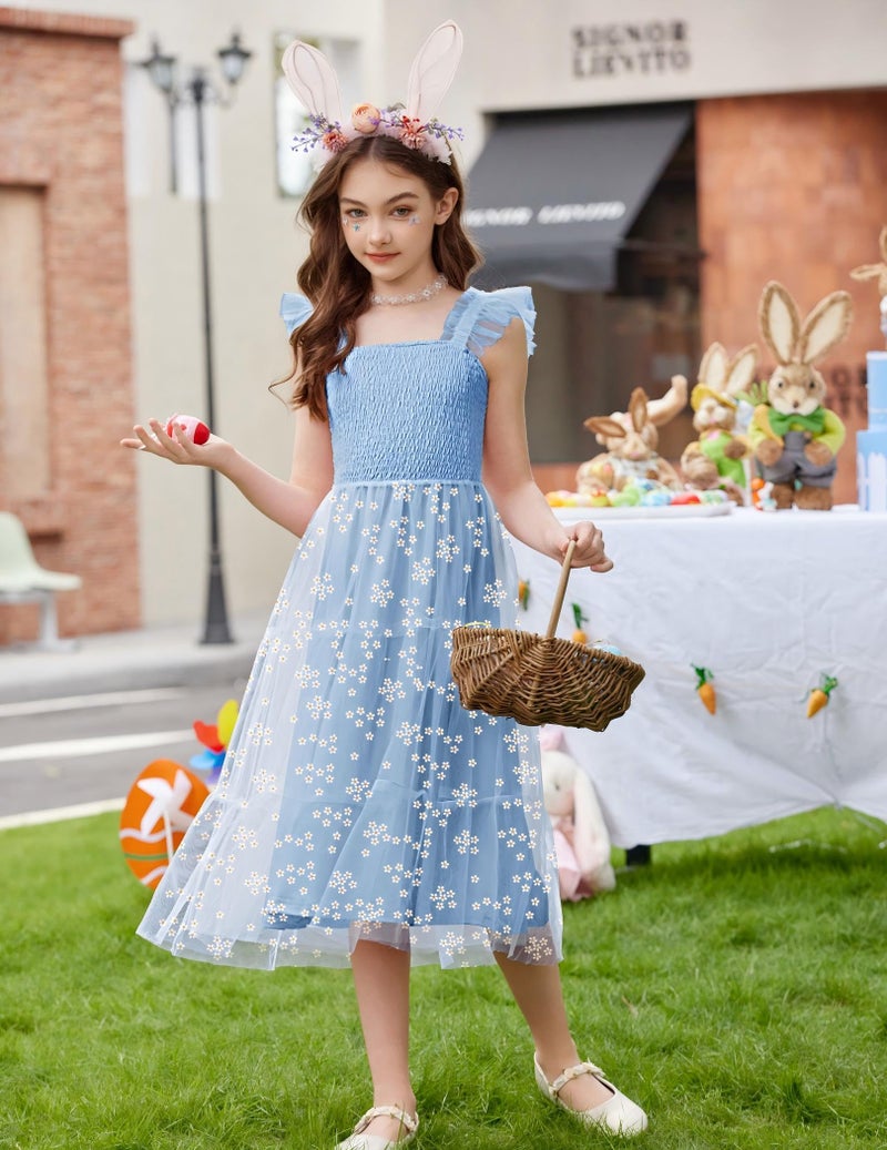 Arshiner Summer Dress for Girls Easter Blue Floral Ruffle Sleeve Smocked Tulle Flowy Tiered Dresses Size 7-8 - Image 2