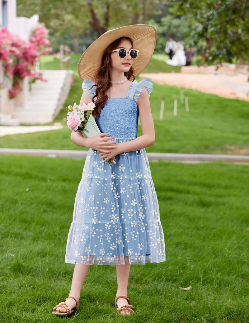 Arshiner Summer Dress for Girls Easter Blue Floral Ruffle Sleeve Smocked Tulle Flowy Tiered Dresses Size 7-8 - Image 5