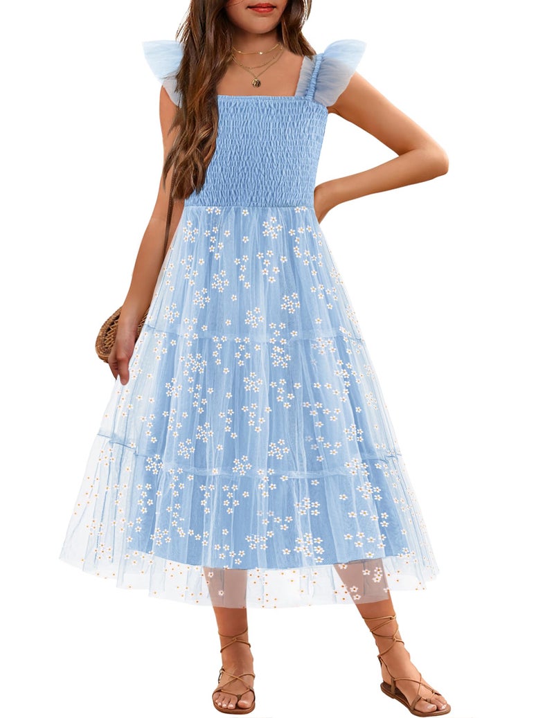 Arshiner Summer Dress for Girls Easter Blue Floral Ruffle Sleeve Smocked Tulle Flowy Tiered Dresses Size 7-8 - Image 1