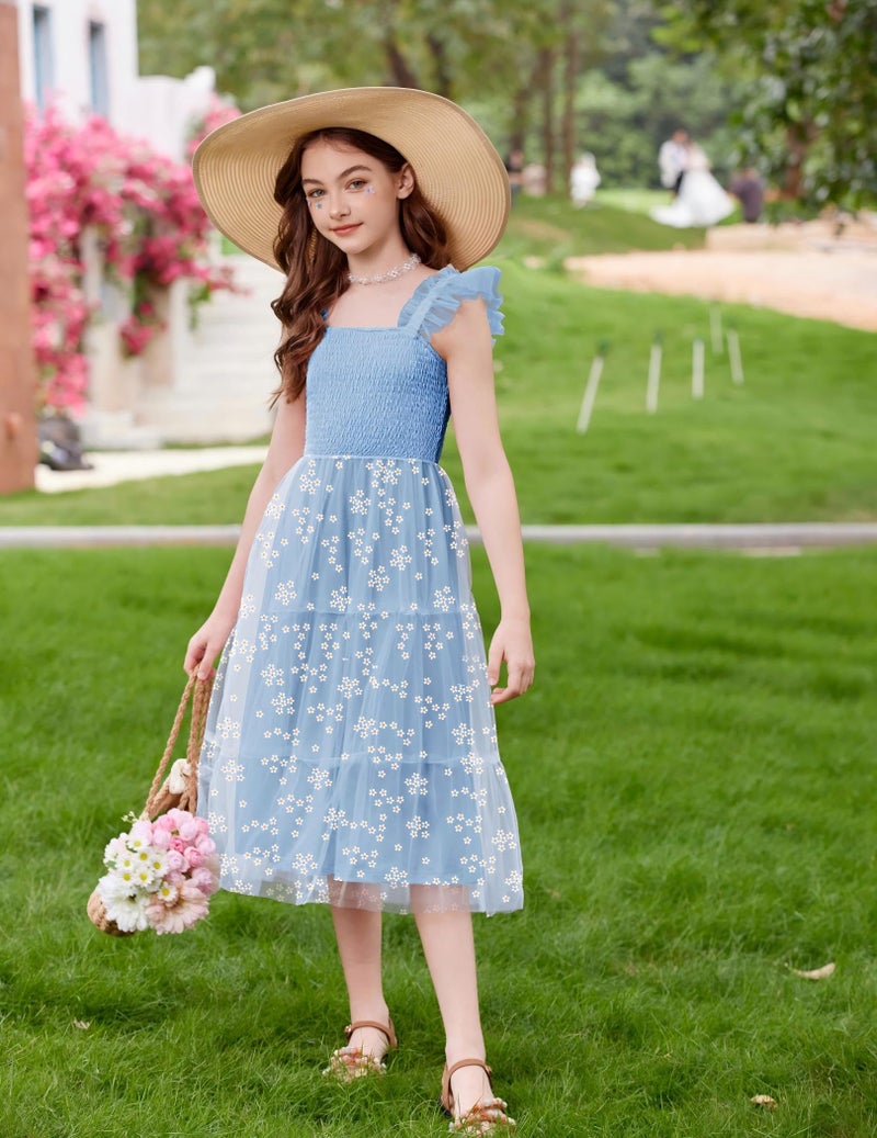 Arshiner Summer Dress for Girls Easter Blue Floral Ruffle Sleeve Smocked Tulle Flowy Tiered Dresses Size 7-8 - Image 4