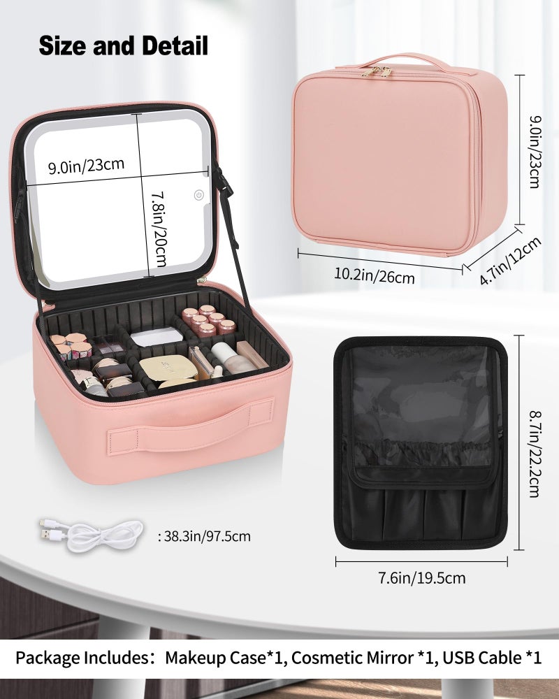 TANTO Makeup Bag With LED Mirror, Travel Makeup Case with Light up Mirror Large Cosmetic Case with 3 Color Lighted Portable Professional Organizer Bag with Adjustable Dividers���Pink） - Image 4