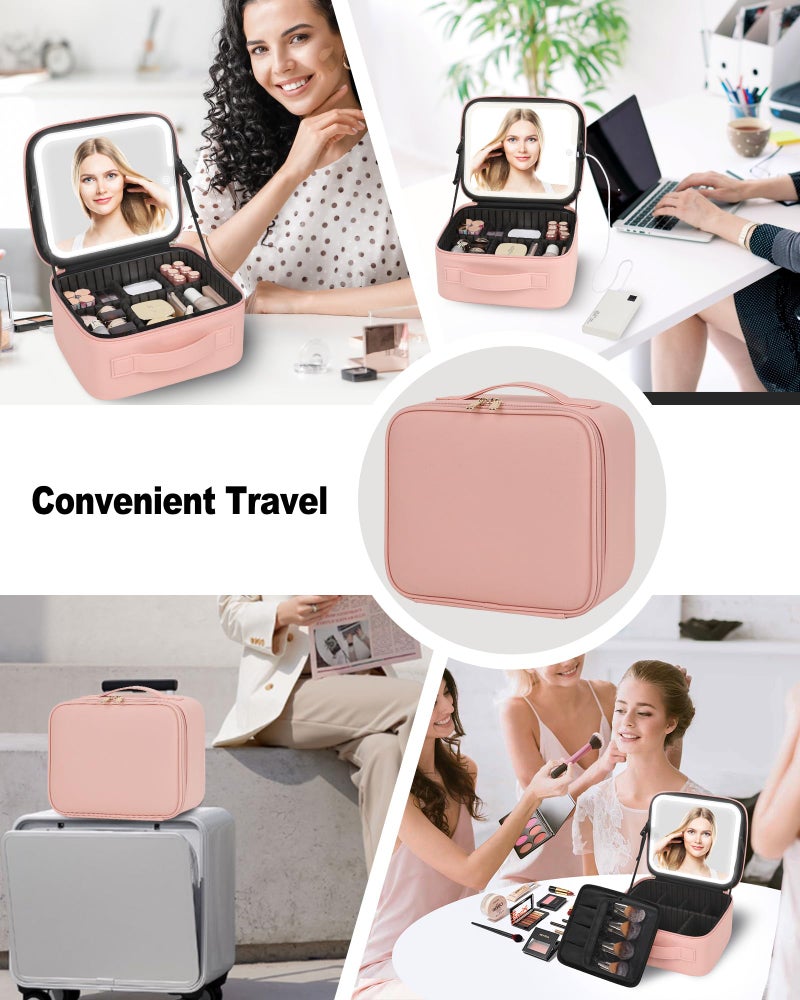 TANTO Makeup Bag With LED Mirror, Travel Makeup Case with Light up Mirror Large Cosmetic Case with 3 Color Lighted Portable Professional Organizer Bag with Adjustable Dividers���Pink） - Image 5