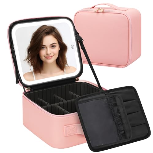 TANTO Makeup Bag With LED Mirror, Travel Makeup Case with Light up Mirror Large Cosmetic Case with 3 Color Lighted Portable Professional Organizer Bag with Adjustable Dividers���Pink） - Image 1