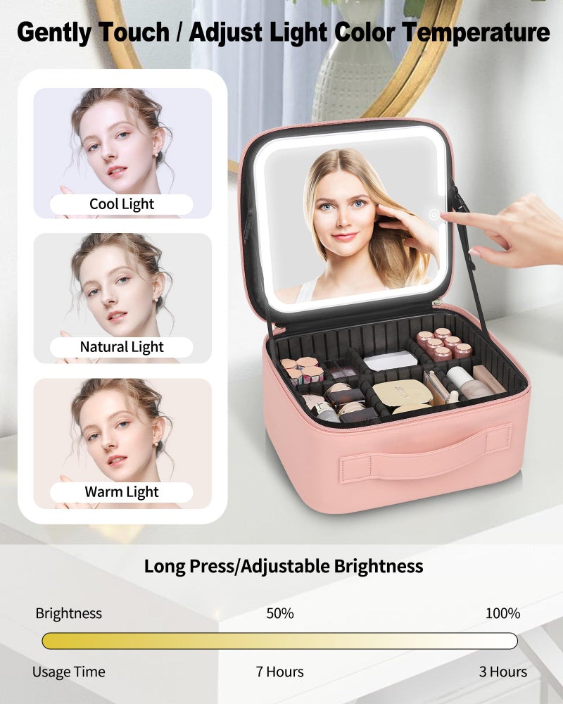 TANTO Makeup Bag With LED Mirror, Travel Makeup Case with Light up Mirror Large Cosmetic Case with 3 Color Lighted Portable Professional Organizer Bag with Adjustable Dividers���Pink） - Image 2
