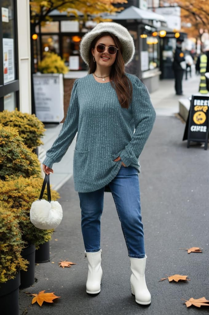OFEEFAN Women Sweaters with Pockets Autumn Long Sleeve Shirts for Women Soft Blue L - Image 2