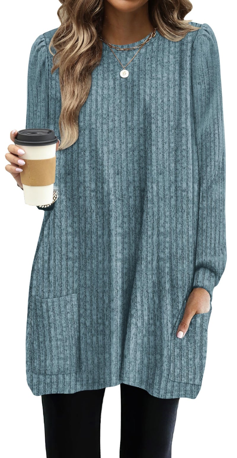 OFEEFAN Women Sweaters with Pockets Autumn Long Sleeve Shirts for Women Soft Blue L - Image 5